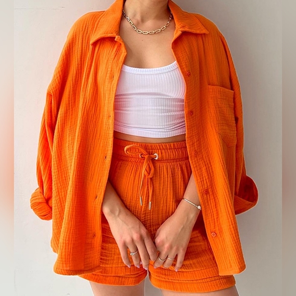 Joanna Button Up Shirt & Shorts Set - Orange - Picture 2 of 7